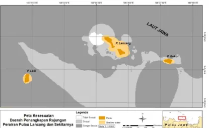 Gambar 7  Peta kesesuaian daerah penangkapan rajungan di perairan Pulau Lancang dan sekitarnya, Juni  2015 (musim Timur)