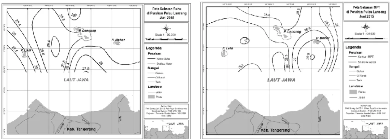 Gambar 2 Sebaran parameter suhu dan MPT di perairan Pulau Lancang pada musim timur. 
