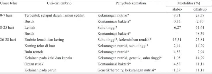 Tabel 4 Ciri-ciri embrio yang mati pada telur itik alabio dan cihateup