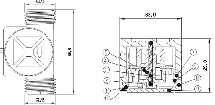 Gambar 2.3.1. Mechanic Dimensi Water Flow sensor G1/2 (Sumber: 