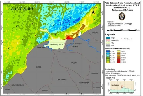 Gambar 2. Peta Sebaran Suhu Permukaan Hasil Analisa Citra Landsat 8 TIRS (7 Maret 2014) 