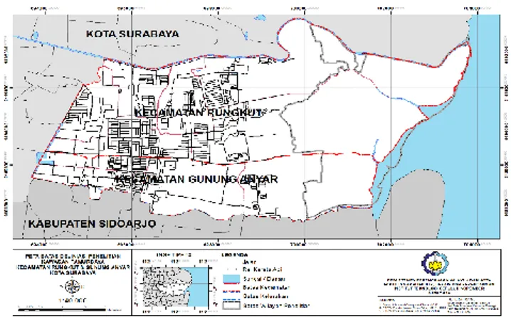 Gambar  1.  Peta  Batas  Deliniasi  Penelitian  pada  Kawasan  Konservasi  Mangrove  Pamurbaya  di  Kecamatan  Rungkut  dan  Kecamatan  Gunung  Anyar, Kota Surabaya 