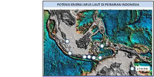 Gambar 1. Peta potensi energi arus laut di Indonesia. Tanda bintang putih menunjukan lokasi  kecepatan arus antara 2-3 m/s