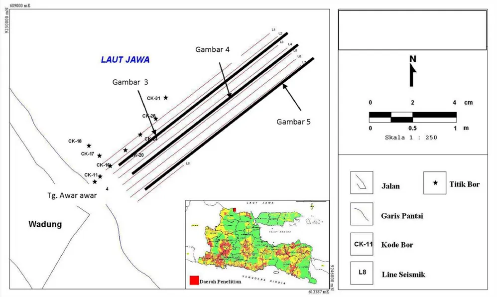 Gambar 1. Peta Lintasan utama seismik dan titik bor  Perairan Tanjung Awar-awar