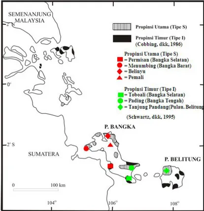 Gambar    2.  Peta  sebaran  tipe  provinsi  Granitoid    Pulau  Bangka [1]     dan  lokasi  data  sekunder  unsur  utama  serta  tipenya [4] 