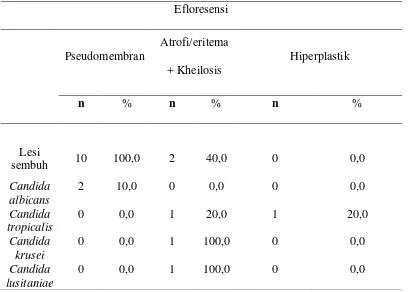 Tabel 4.12. Identifikasi spesies Candida dihubungkan dengan bentuk lesi setelah pemberian obat Flukonazol