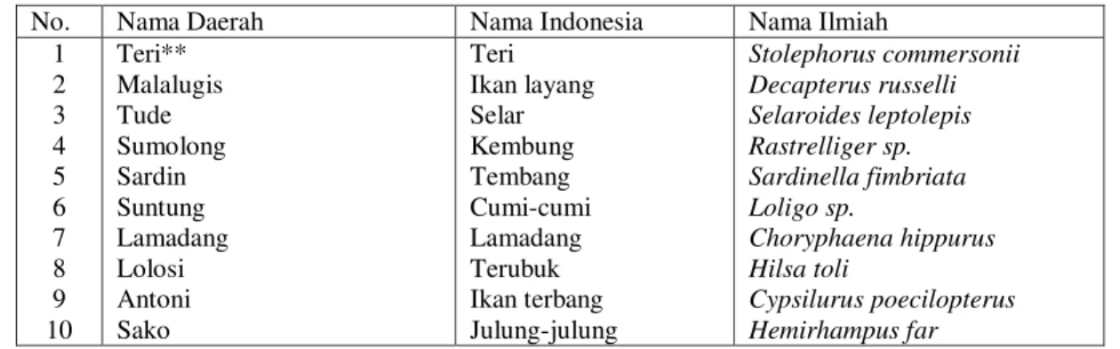 Tabel 1.   Jenis-jenis ikan yang tertangkap dengan alat tangkap bagan perahu di lokasi Penelitian 