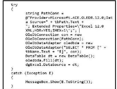 Gambar 2.Kode untukmeng-import file .xlskedalam datagridview yang bernama ‘dgExcel'.