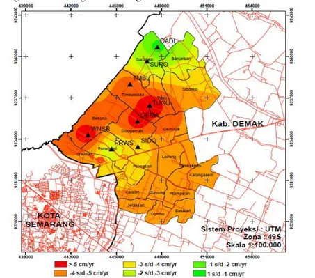Gambar IV.3.Peta Zona Penurunan Tanah di Kecamatan Sayung dengan Metode Jaring CSEM 