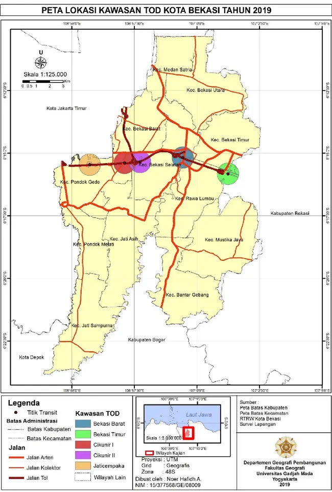 Gambar  1 Peta Lokasi Kawasan Transit Oriented Development (TOD) di Kota Bekasi. Sumber: Olahan Data (2019) 