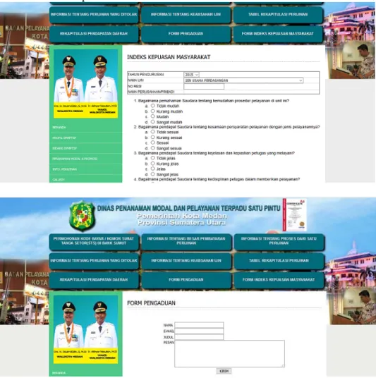 Gambar 4.3 Tampilan indeks kepuasan masyarakat dan form pengaduan  pada website DPMPTSP kota Medan 