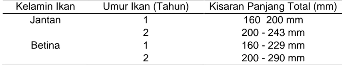 Tabel  4.  Umur  ikan  ekor  kuning  (Caesio  cuning)  berdasarkan  panjang  total (mm)  