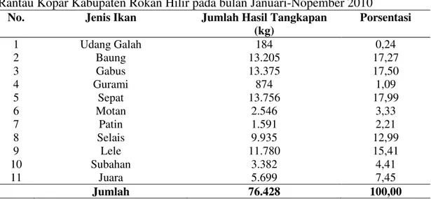 Tabel 1.  Jenis dan jumlah hasil tangkapan ikan di perairan Sungai Rokan Kecamatan  Rantau Kopar Kabupaten Rokan Hilir pada bulan Januari-Nopember 2010 