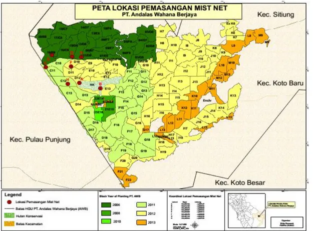 Gambar  1.  Peta  lokasi  pemasangan  mist  net  di  perkebunan  kelapa  sawit  PT.  Andalas  Wahana  Berjaya  (AWB) Kabupaten Dharmasraya, Sumatera Barat