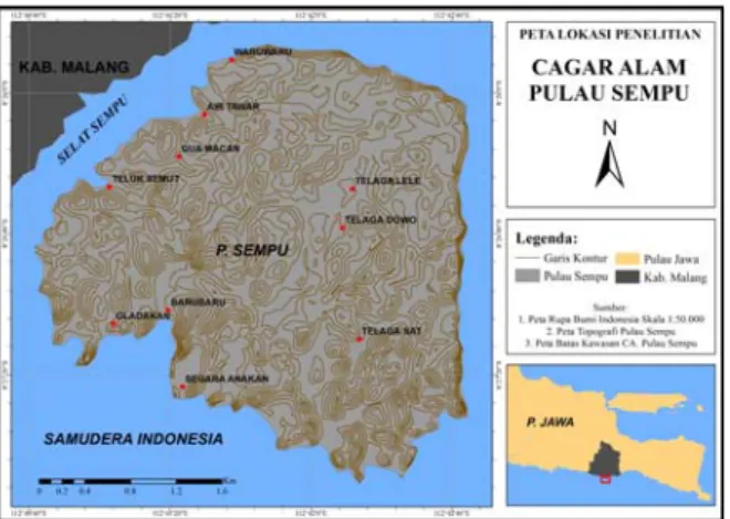 Gambar 1. Peta lokasi penelitian di Cagar Alam Pulau  Sempu, Jawa Timur  