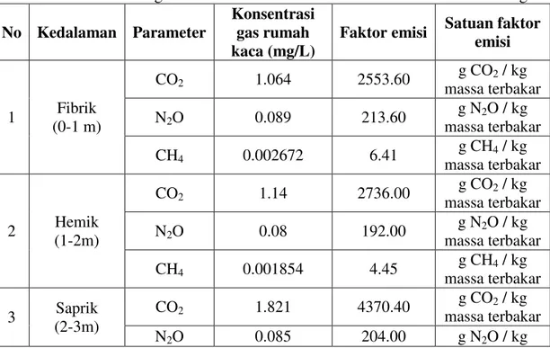 Tabel 1. Hasil Perhitungan Faktor Emisi Gas Rumah Kaca dan Biomass Burning  No  Kedalaman  Parameter 