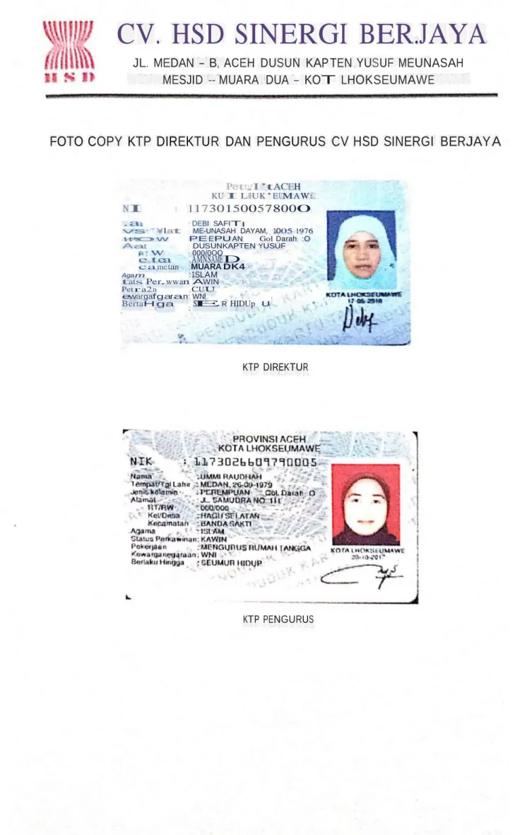 FOTO COPY  KTP  DIREKTUR  DAN  PENGURUS  CV HSD  SINERGI  BERJAY A 