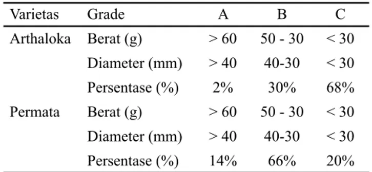 Tabel 8. Grade buah tomat berdasarkan varietas Varietas Grade A B C Arthaloka Berat (g) &gt; 60 50 - 30 &lt; 30 Diameter (mm) &gt; 40 40-30 &lt; 30 Persentase (%) 2% 30% 68% Permata Berat (g) &gt; 60 50 - 30 &lt; 30 Diameter (mm) &gt; 40 40-30 &lt; 30 Pers