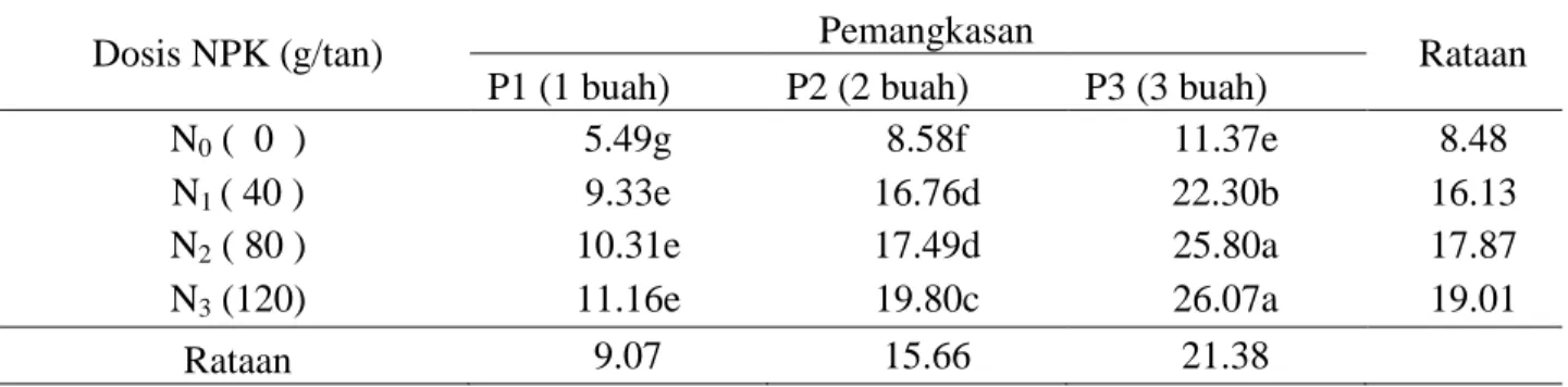 Tabel 9.  Produksi  per  hektar  (ton)  semangkapada  masing-masing  dosis  pupuk  NPK  dan  jumlah  buah per tanaman 