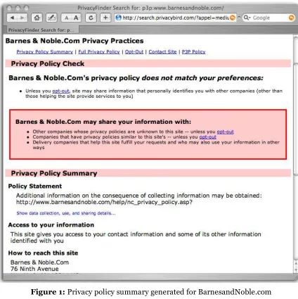 Figure 1: Privacy policy summary generated for BarnesandNoble.com 
