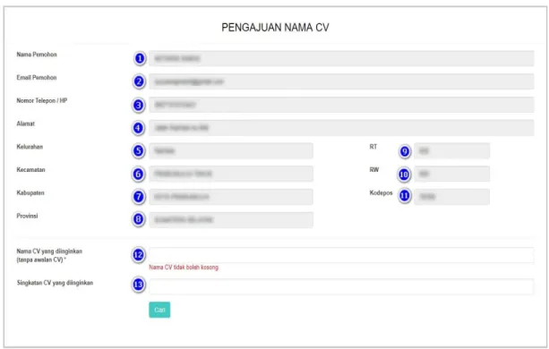 Gambar 16 Form Pengajuan Nama CV 