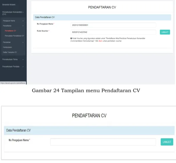 Gambar 24 Tampilan menu Pendaftaran CV 
