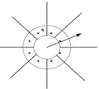 Gambar 2.8. Garis-garis fluks listrik berasal dari muatan-muatan positif tersebar merata pada permukaan penghantar silinder yang isolasi 