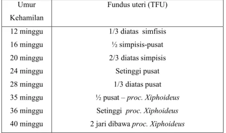 Tabel 2.6.TFU  dilakukan  dengan  palpasi  fundus  dan  membandingkan dengan patokan