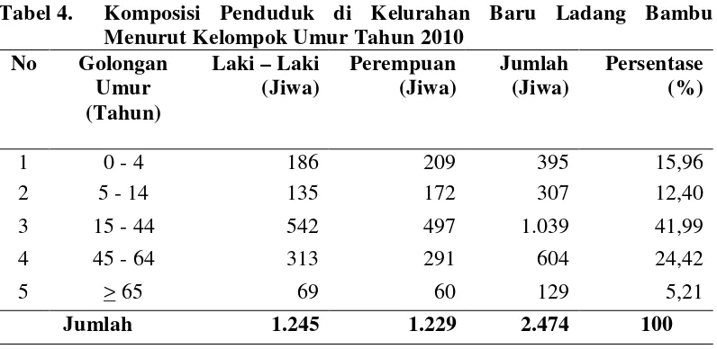 Tabel 4.  Komposisi Penduduk di Kelurahan Baru Ladang Bambu 