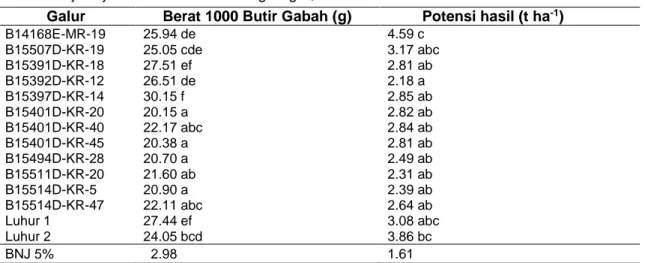 Tabel 3. Rata-Rata Karakter Berat1000 Butir Gabah dan Potensi Hasil Genotip Padi Gogo pada  Uji Daya Hasil Di Lahan Kering Bogor, MH 2018-2019  