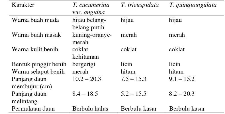 Tabel 1. Rataan ukuran buah dan benih T. cucumerina var. anguina,                      T