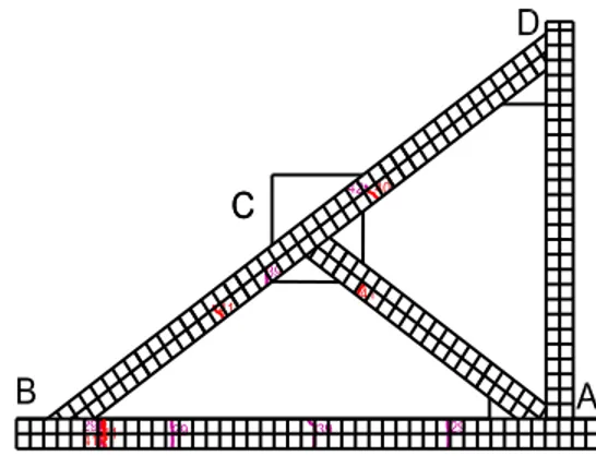 Gambar 12 Sketsa pola retak kuda-kuda tipe B1  Pada  kuda-kuda  tipe  B2,  retakan  pertama  terjadi pada pembebanan  ke-34 (beban 1650 kg) di  batang  AB
