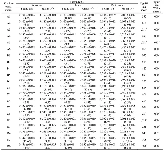 Tabel 4.  Analisis wilks lambda dan lavene test (anova) variasi fenotip pada 21 karakter morfometrik dari  ikan tengadak jantan dan betina asal Sumatera, Jawa dan Kalimantan 