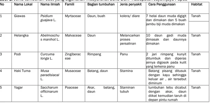 Tabel 1. Jenis tumbuhan obat yang digunakan masyarakat Suku Dani  Kabupaten Jayawijaya Papua 