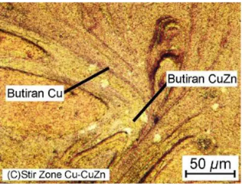 Gambar 5 Struktur mikro daerah stir zone (A) aluminium dengan Kuningan, (B)  aluminium dengan tembaga, (C) tembaga dengan kuningan 