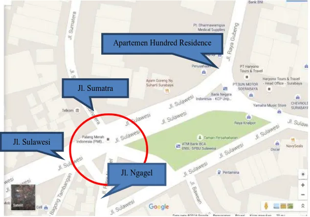 Gambar 1. 1 Peta Lokasi Persimpangan dan Pembangunan Apartemen  Hundred Residence( Sumber : Google Maps – 1 Januari 2016) 