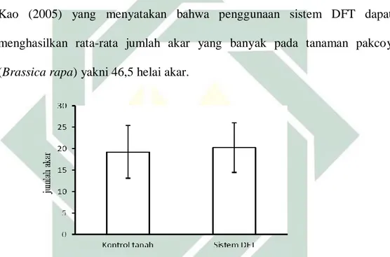 Gambar 4.2 Diagram Perbandingan Nilai Rata-Rata Perlakuan Kultivasi Hidroponik  Sistem DFT dan Media Tanah terhadap Jumlah Akar Tanaman G.procumbens 