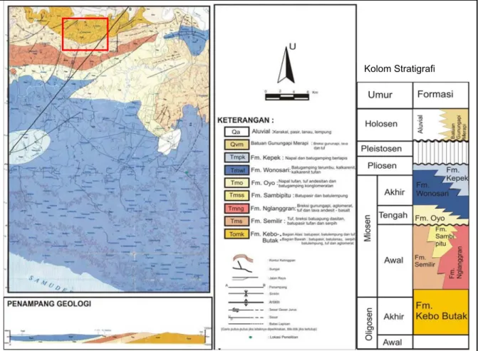 Gambar 1. Peta Geologi Regional (lokasi penelitian ditandai kotak merah) dan kolom stratigrafi daerah  penelitian (Surono dkk., 1992).