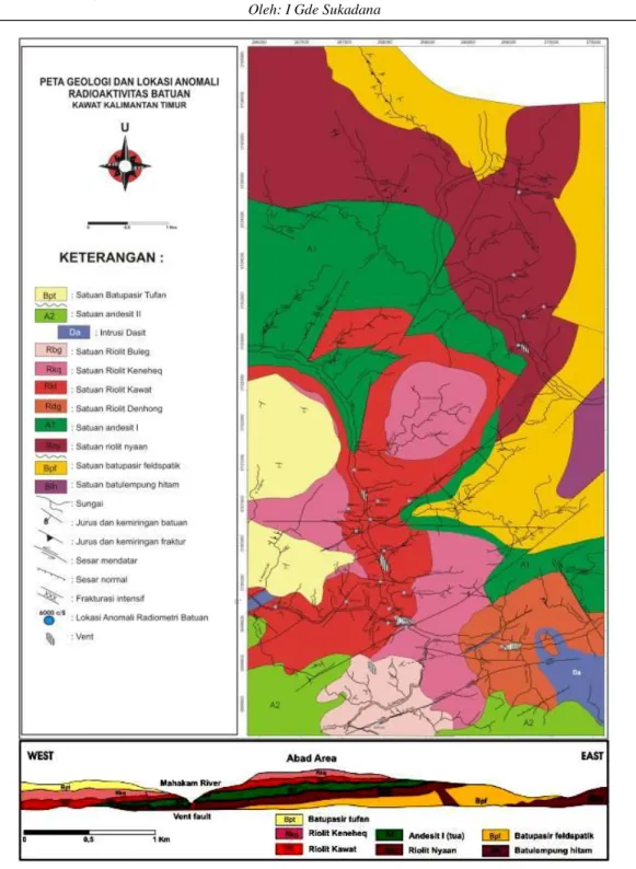 Gambar 3.   Peta Geologi dan Lokasi Anomali Singkapan Batuan, Daerah Kawat,  Mahakam Hulu, Kalimantan Timur [1] 