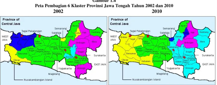 Gambar  1.4  dibawah  merupakan  peta  tematik  Provinsi  Jawa  Tengah  berdasarkan  hasil  analisis klaster dengan menggunakan metode Ward yang dibagi menjadi 6 klaster tahun 2002 dan  tahun 2010