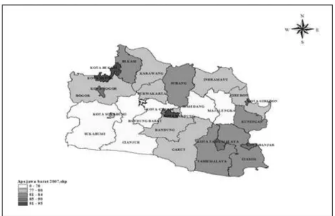 Gambar 3: Peta APS SMP Jawa Barat Tahun 2007 Sumber: BPS (2007), diolah
