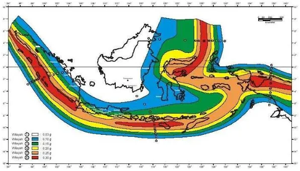 Gambar 3.2     Wilayah Gempa Indonesia Dengan Percepatan Puncak Batuan Dasar   dengan Periode Ulang 500 Tahun, (SNI 03-1726-2003) 