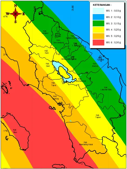Gambar 1.4    Wilayah Gempa di Provinsi Sumatera Utara, (SNI 03-1726-2003) 