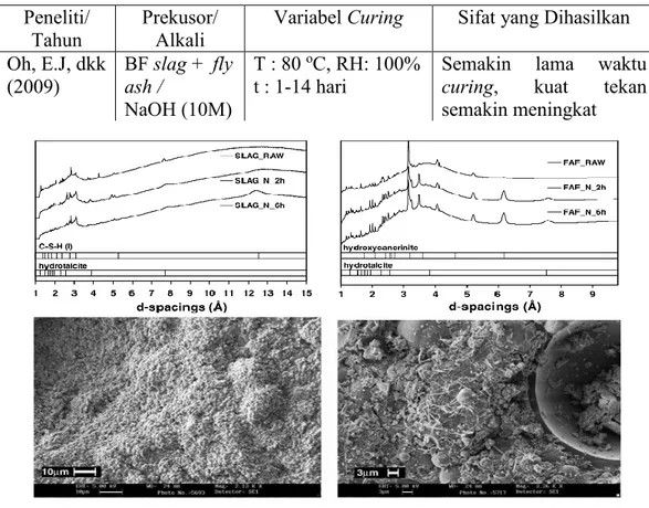 Tabel 2.1 Beberapa Penelitian tentang Hubungan Temperatur dan Waktu Curing  terhadap Sifat Geopolimer 