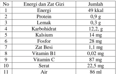 Tabel 2.1 Kandungan dan komposisi gizi jambu biji/100 g buah  No  Energi dan Zat Gizi  Jumlah 
