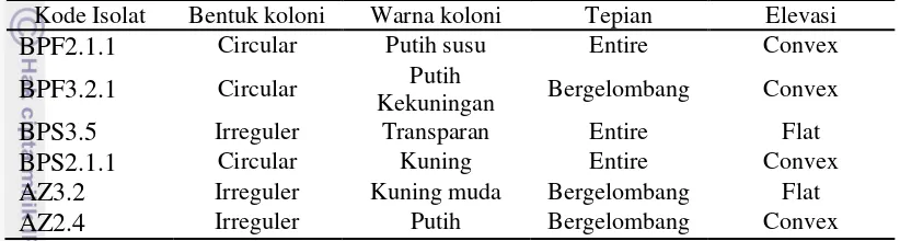 Tabel 7 Hasil pengamatan karakteristik makroskopis bakteri berpotensi 