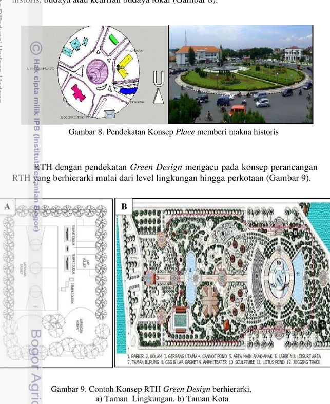 Gambar 9. Contoh Konsep RTH Green Design berhierarki, a) Taman  Lingkungan. b) Taman Kota