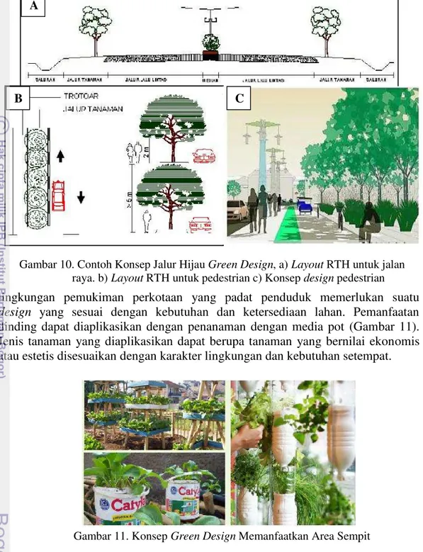 Gambar 10. Contoh Konsep Jalur Hijau Green Design, a) Layout RTH untuk jalan raya. b) Layout RTH untuk pedestrian c) Konsep design pedestrian