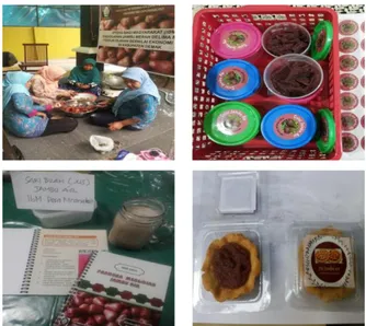 Gambar 3 Kegiatan  praktik  pengolahan  pangan  dengan  hasil  produk  selai,  jus,  dan  pie  jambu air