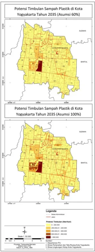 Gambar 2. Peta Potensi Timbulan Sampah Plastik Kota Yogyakarta Tahun 2035 (Asumsi 60% dan 100%)  (Sumber: Data olahan, 2019)  